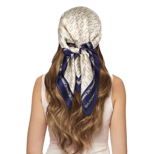 EXTREE 100% Pure Mulberry Silk Scarf Fashion Hair for Women Scarf Lightweight Square Neckerchief 27.5× 27.5 inches Lf Beige Blue Edge