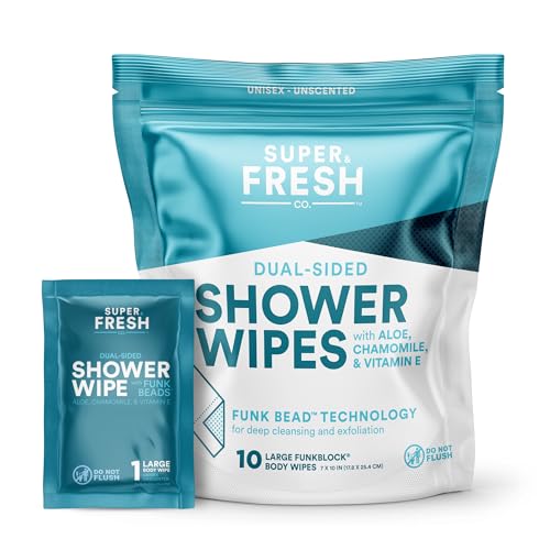 Super Fresh FunkBlock Shower Wipes - Large Body Wipes for Hygiene, Camping Wipes, Gym & Travel. No Rinse Bathing Wipes with Aloe & Vitamin E. Unscented. Bag of (10) Individually Wrapped Wipes