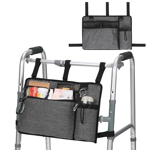 Walker Accessories for Seniors - Folding Walker Bag with Cup Holder, Storage Basket, and Organizer Pouch, Grey