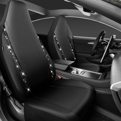 Image of CAR PASS Leather Car Seat Covers High Back Bucket Bling Diamond Front Seats, Waterproof Universal Shining Glitter Crystal Sparkle Fit Model 3 Tesla Model Y, Truck SUV Cute Women Girl, Black Rhinestone