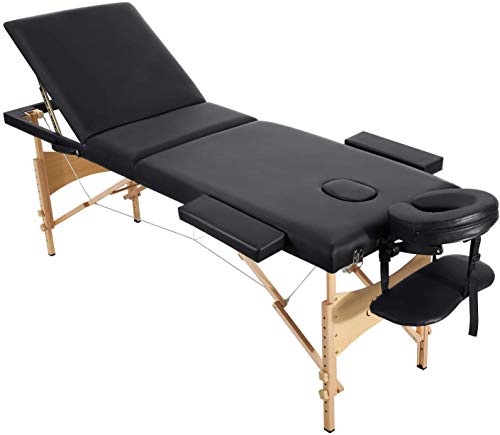 Entil Massage Table Spa Bed Portable 3 Sections Wooden Legs with Face Hole Carrying Bag