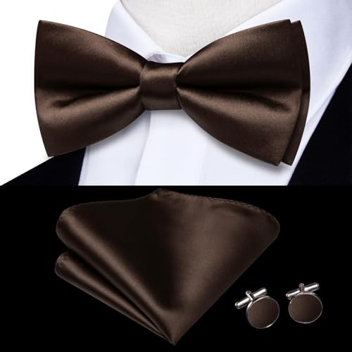Image of Hi-Tie 5Pcs Mens Solid Color Silk Tie Satin Pretied Bowtie Lapel Pin for Men Handkerchief Cufflink Wedding Gift Box