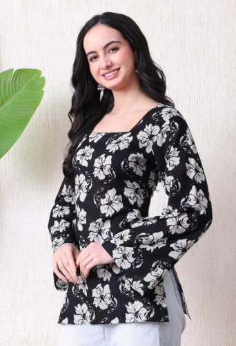 Image of Women Pure Cotton Floral Printed Short Kurti | Square Neck | Full Sleeves | Stylish Ethnic Kurta | Back Tie-Up | Casual Wear Kurta