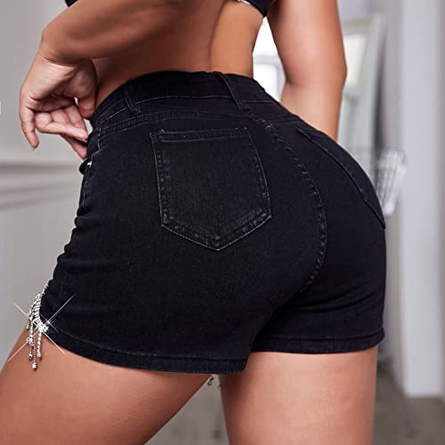Rhinestone Fringe Shorts Women's High Rise Diamond Tassels Stretchy Casual Jean Shorts Vintage Distressed Hot Shorts Black #TOP2