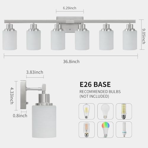 Image of 6-Light Bathroom Vanity Light Nickel Bathroom Vanity Lights 36.8in | White Frosted Ribbed Glass Shade Wall Sconce Lighting Wall Lights Bath Vintage Wall Mounted Lamps for Mirror E26 Base