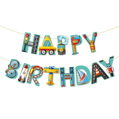 Transportation Happy Birthday Banner, coche, tren, helicóptero, bicicleta, velero, cohete, semáforo, guirnaldas, pancartas colgantes para decoración de fiesta de cumpleaños temática de transporte,