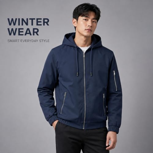 Buy Men's Winter Hooded Jacket, Full Zip Casual Bomber Jacket with Zip Pockets at Amazon.in - Image 6