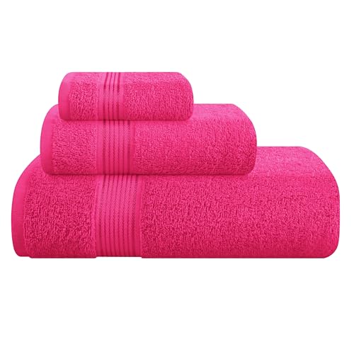 Belizzi Home Ultra Soft 3 Pack Cotton Towel Set, Contains a Bath Towel 28x55 inch, a Hand Towel 16x24 inch & a Wash Coth 12x12 inch, Ideal Everyday use, Compact & Lightweight - Hot Pink