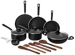 Amazon Brand - Solimo 12 Pieces Aluminium Non-Stick Cookware Set (Frying Pan, Sauce Pan with Glass Lid, Tawa) - Black