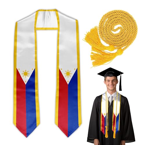 Paxiaroy Philippines Flag Graduation Stole Sash Filipino Country Flag Graduation Stole and Honor Cord for International Students (Style1)