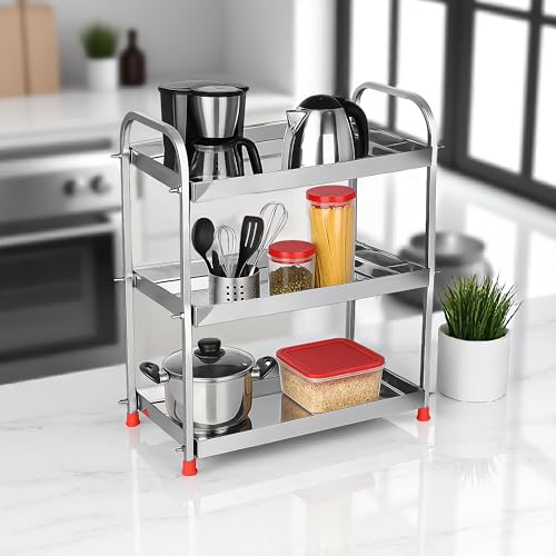 Image of Stainless Steel 3-Tier Storage Rack for Kitchen, Bathroom & Vanity, Multipurpose Shelf Organizer for Jars, Spices, Toiletries & Cosmetics Stand, Countertop Stand