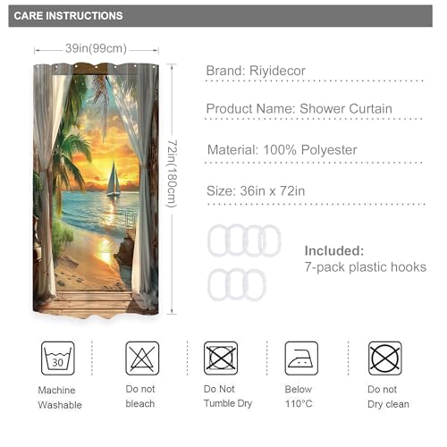 Image of Riyidecor Small Stall Beach Shower Curtain 36Wx72H Inch RV Half Coastal Ocean Sea Hawaiian Sunset Tropical Single Narrow Barn Door Rustic Bathroom Decor Fabric Polyester Waterproof 7 Pack Hooks