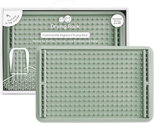 Image of ezpz Drying Rack (Sage) - Silicone Dish Drying Rack with Suction Base - Adjustable Pegs - Odor-Resistant - Dry + Store Baby/Toddler Gear