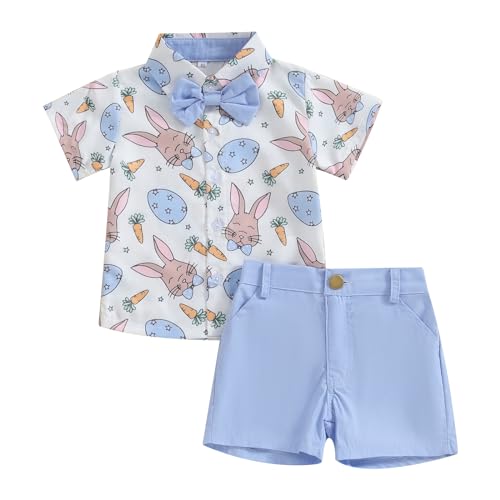 KtwHarnu Toddler Baby Boy Easter Outfit Bunny Carrot Print Short Sleeve Button Down Shirt Pockets Shorts 2Pcs Gentleman Set (AA-Blue, 2-3T)