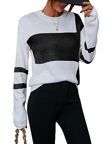 Alsol Lamesa Women's Pullover Sweaters Color Block Crew Neck Long Sleeve Casual Knit Sweater