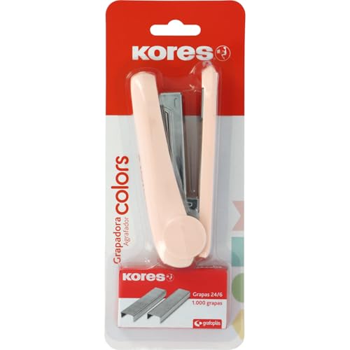 Kores - Agrafeuse de bureau modèle Colors + 1 000 agrafes 24/6, couleur rose soft, dimensions 12,5 x 5,5 x 3 cm, capacité 20 feuilles de papier de 80 g, compatible avec agrafes 26/6, matériel scolaire