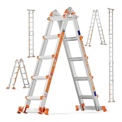 Multiple Positions 5 Step Ladder, 5.1m Sliding Ladder with Stabiliser and Wheels, 150 kg Safety Load, One Frame Ladder for Stairs, Home, Indoor, Outdoor, Roof