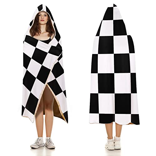 White Black Checkered Wearable Hooded Throw Blanket Warm Poncho Cloak Cape Wrap Blanket For Bed Couch Travel 60"X80" #TOP2
