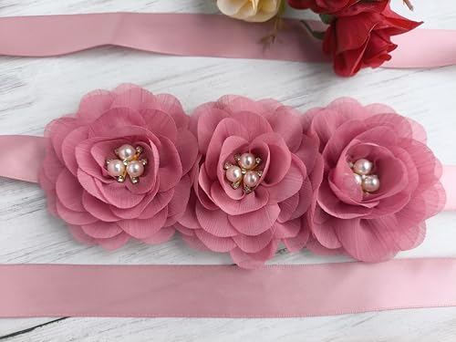 Dusty Pink Sash Belt for Girls,Flower Girl Sash Belt for Dresses,Chiffon Pearls Bridesmaid Dress Sash Belts2