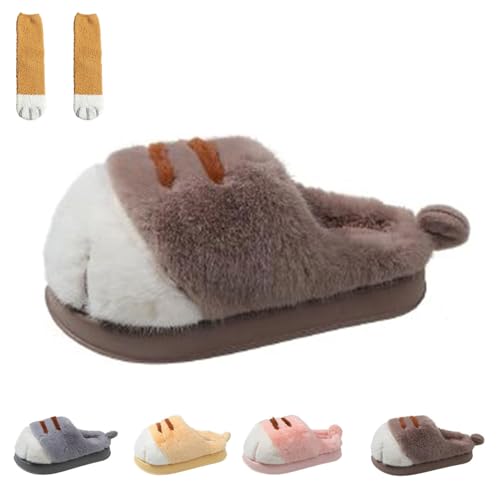 Indoor Outdoor Cat Paw Slippers for Women, Cute Funny Cat Feet Slippers, Warm and Fluffy Christmas Cat's Paw Slippers (Brown, Adult, Women, 5.5, Numeric Range, US Footwear Size System, 6, Medium)