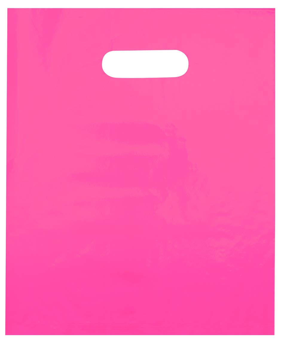 12x15 Hot Pink Die Cut Handle Plastic Shopping Bags 100/cs