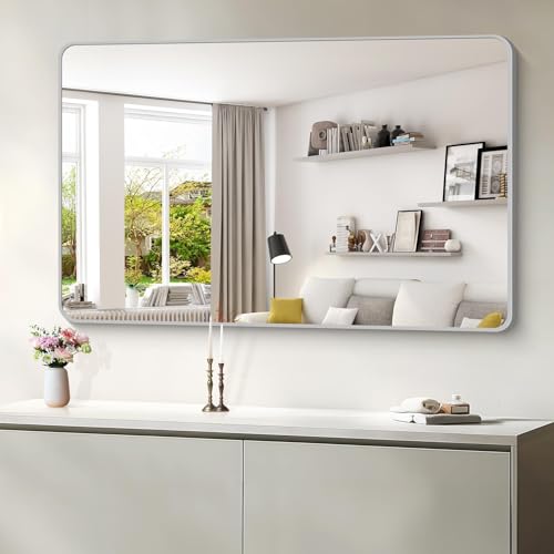 Image of 55x36 Inch Silver Bathroom Mirror, Large Rectangular Vanity Mirror, Metal Framed Rectangle Mirror, Rounded Corner Wall Mounted Mirrors for Living Room Bedroom Entryway Horizontal or Vertical