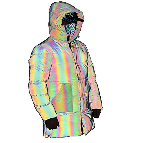 LZLRUN Rainbow Reflective Winter Down Jacket Coat Thick Warm Cotton Windbreaker Hooded