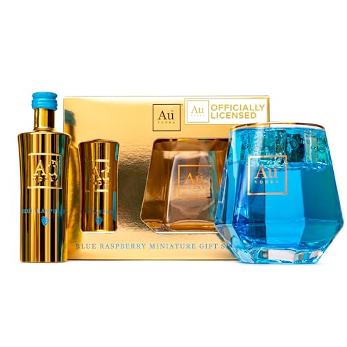 Au Vodka Gift Set Blue Raspberry 5 cl Diamond Cut Gold Glass