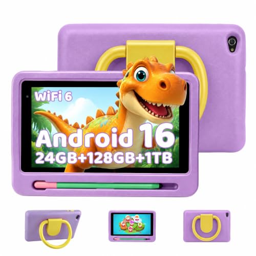 Image of Kids Tablet with Shockproof Case Stylus, Android 16 Tablet for Kids, 24GB RAM 128GB ROM 1TB TF Card Expand, Parental Control, Eye Protection, Dual Camera, 7 inch Tablet, WiFi 6 BT5.4, Purple