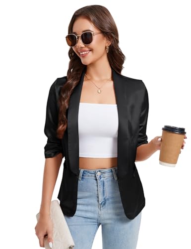YesFashion Blazer élégant en satin pour femme - Ouvert sur le devant - Veste blazer festive, Noir , L