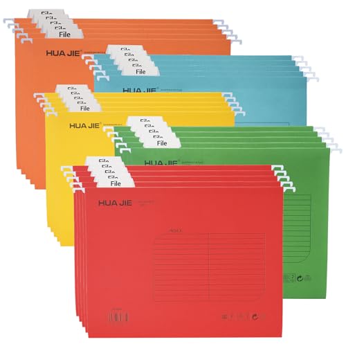 Hiziwimi Foolscap Reinforced Paper Suspension Files [Pack of 25] Hanging Files Foolscap with Tabs and Card Inserts 5 Colors Filing Cabinet Suspension File for Office School Desktop File Storage