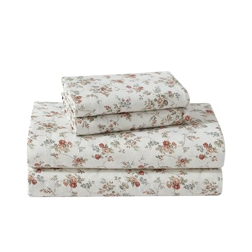 Image of Laura Ashley - Flannel Sheets Queen Size, Anti-Pilling & Wrinkle Resistant Cotton, Touchably Soft for All-Season Comfort - Bed Sheets with Matching Pillowcases & Fitted Sheet (Le Fleur Orange)