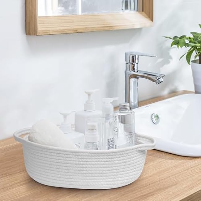 White Small Woven Basket, 13¡± x 9¡± x 5¡± Baskets for Gifts Empty Cotton Rope, Cute Nursery Baby Storage Organizer, Wicker Cat Toy Bin Box with Handles, Empty Gift Basket for Mother's Day