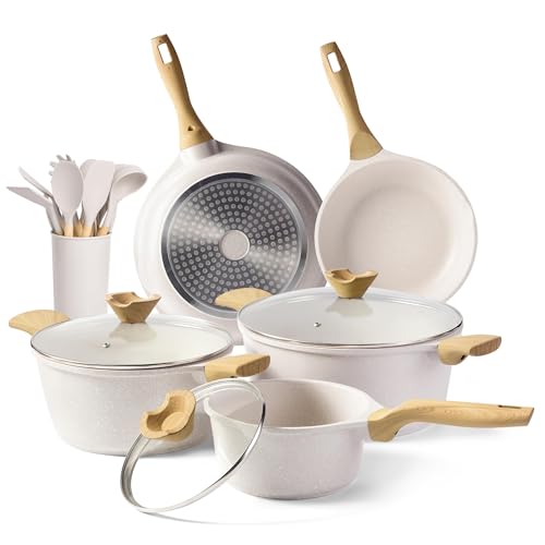 RIOVARM Induccion Baterías de cocina Con tapa, Granito Recubrimiento antiadherente Juego de ollas y sartenes Sin PFOA, Traje de cocina Juego de utensilios de cazuela con juego de espátulas