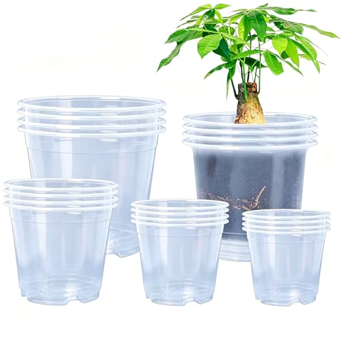 Oubest 6.7/6/5/4/3.5 Inch Clear Nursery Pots Variety Pack with Drainage Holes Transparent Plastic Plant Pot for Plants Seed Starter Planter Flower Pots 20 Packs