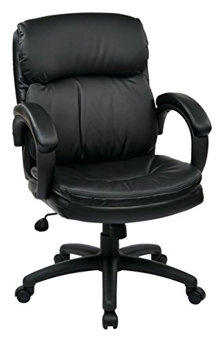 Office Star EC Series Executive Bonded Leather Mid Back Adjustable Office Chair with Thick Padded Contour Seat and Padded C Armrests, Black