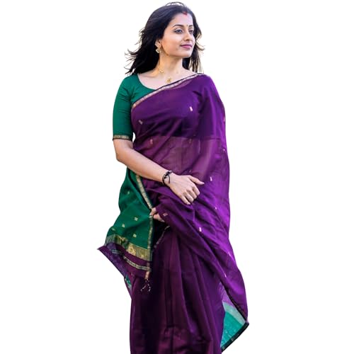 Image of Original Maheswari Cotton Silk Saree for Women | Kanjivaram Pure Silk Cotton Sari with Blouse | Zari Work | Tassels | Handloom Weave