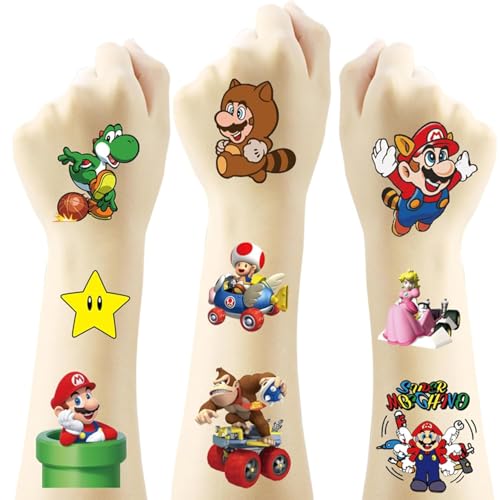 supe-mari - Set di tatuaggi temporanei per bambini, 40 fogli di tatuaggi temporanei per bambini, motivi colorati dei cartoni animati, adesivi per compleanni, regali di compleanno, feste, ragazzi e