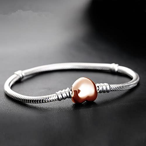 Rose Gold Heart Closure Qeensekc Rose Gold Heart Clasp Snake Chain Bracelet For Women Girls Fit European Pandora Style Charm Bead 21Cm Br Barrel Heart Rose 21 0 #TOP1