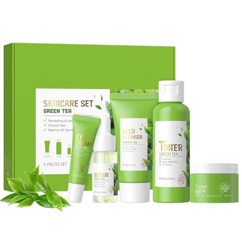 COLZYTLI Set De Rutina De Cuidado De La Piel con Té Verde, Suaviza La Piel, Limpia Profundamente, Hidrata Y Controla La Grasa, con Limpiador, TóNico, Suero, Crema para Ojos Y Crema Facial