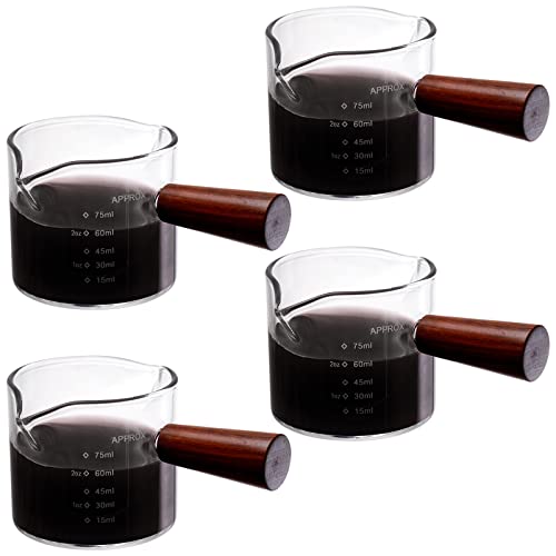 ZENFUN Paquete de 4 jarras de vidrio con mango de madera, doble boquilla de 3.4 onzas, juego de tazas de medición transparentes para café, té, jugo y vino Cover