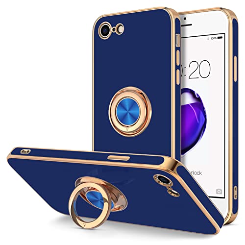 Image of Hython Case for iPhone SE Case 2022 /2020, iPhone 8 7 Case Ring Holder Stand Magnetic Kickstand, Plating Rose Gold Edge Soft TPU Bumper Cover Shockproof Protective Phone Cases Women Girls Boys, Blue