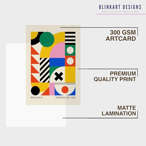 Image of BLINKART Vintage Bauhaus Retro Geometric Aesthetic Poster Gallery | Colorful Wrap Framed For Home Office Studio Living Room Modern Art Studio Decoration Abstract Shapes | (d159) | 13x10 Inch