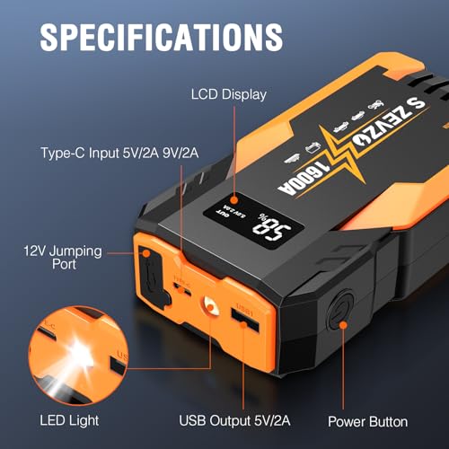 Image of S ZEVZO Jump Starter 1600A Peak Portable Jump Starter for Car (Up to 7.0L Gas 5.5L Diesel Engine) 12V Auto Battery Booster Pack with Jumper Clamps