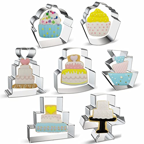 Cake Shaped Cookie Cutters Set Of 7 Pcs, Stainless Steel Cupcake/Birthday Cake/Wedding Cake Series Fondant Cutter Molds Baking Diy #TOP5