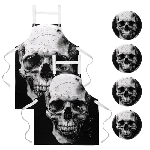 Lot de 2 tabliers de cuisine réglables avec 4 broches à motif Crâne mort multicolore