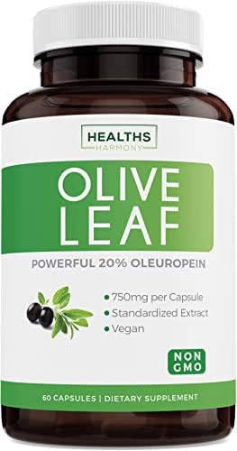Olive Leaf Extract (Non-GMO) Super Strength: 20% Oleuropein - 750mg - Vegetarian - Immune Support Supplement, Skin Health, and Powerful Antioxidants Supplement - No Oil or Liquid - 60 Capsules