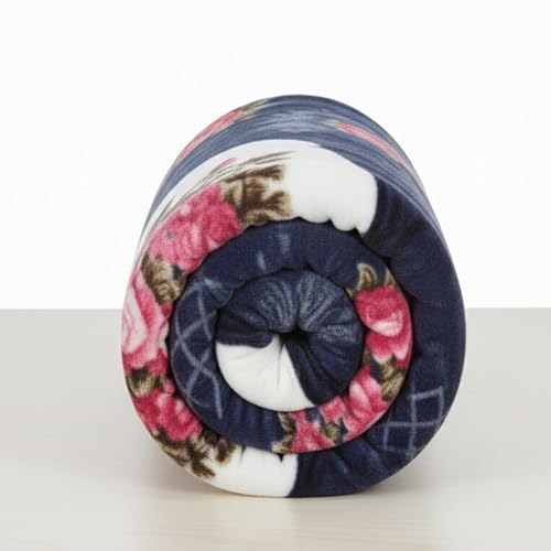 Image of Luxurious Heavyweight Microfiber Korean-Style Plush Blanket, Floral Velvet, 240x220 cm, Winter Comfort, Single Layer (Dark Blue Multicolor, Double)