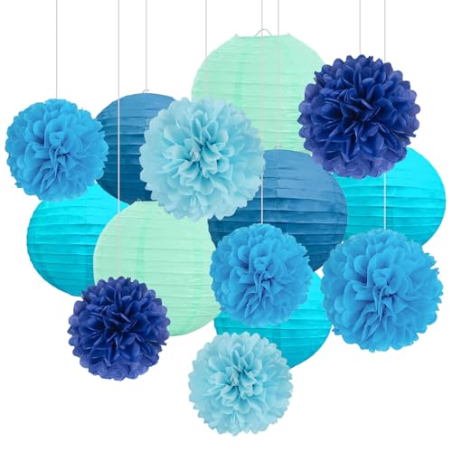 Image of 18 PCS Blue Paper Lanterns & Tissue Paper Pom Poms for Boys Birthday, Baby Shower, Wedding, Bridal Shower, Hanging Paper Decor for Indoor Outdoor Events Theme Party Supplies