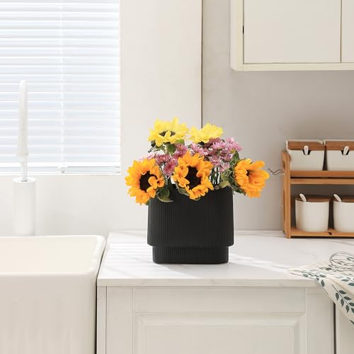 Yanwe1 Black Ceramic Flower Vase, Decorative Vase, Boho Vase, Mondern Vase, Ribbed Vase, Rectangle Vase thumb #1